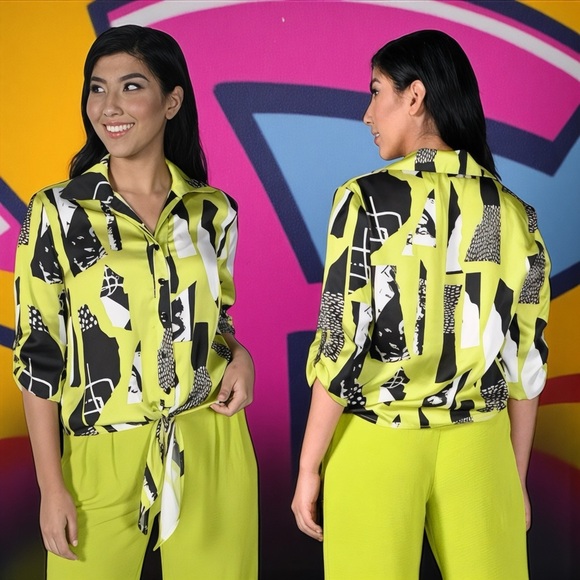 Frank Lyman Montreal Women’s Haute Femme Blouse In Lime/Black Size 6 - Picture 1 of 8